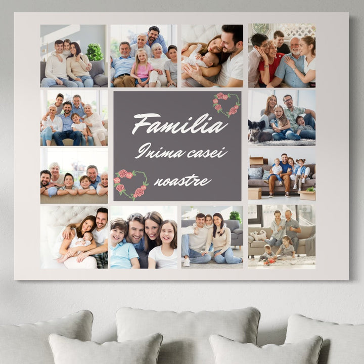 A Tablou Canvas Personalizat cu 12 poze pentru familie "Familia, Inima Casei Noastre" de la LuxCanva®, decorat cu flori roz și text central, este un cadou personalizat ideal pentru familie.