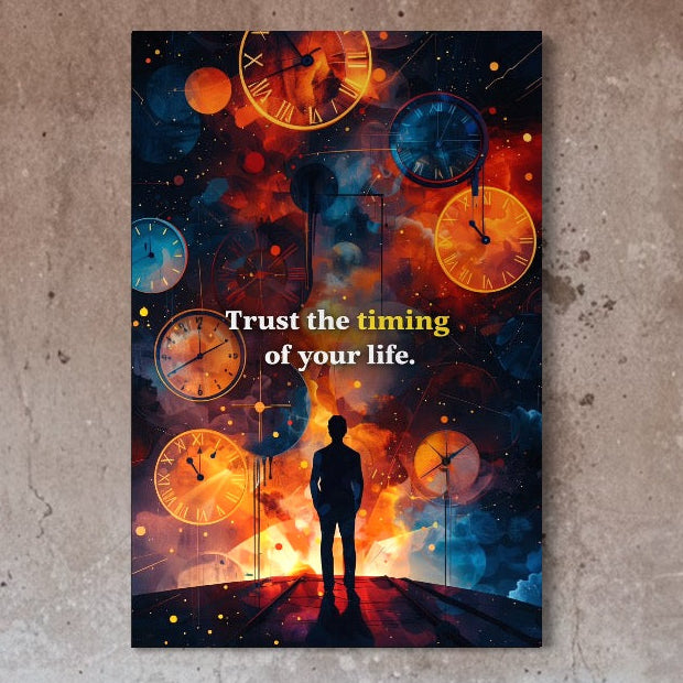 Tablou Canvas Premium LuxCanva® Q1038: silueta pe un tambur sub un cer cosmic cu ceasuri luminoase, mesaj "Trust the timing of your life". Ideal pentru birou sau dormitor. Descoperă arta canvas de la LuxCanva® - Magazin tablouri canvas și personalizate.