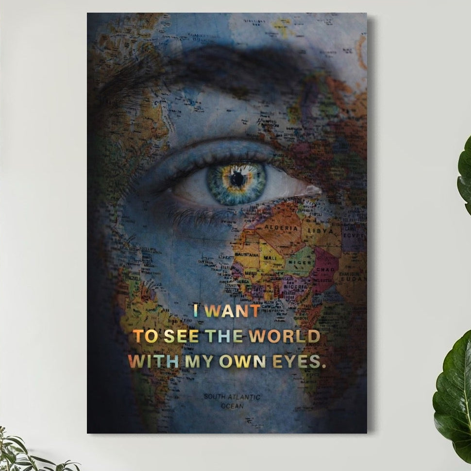 Leinwand Premium Leinwand Wandkunst, LuxCanva® Q1040, Die Welt durch ihre Augen, Augen, Weltkarte, Vision, Geographie, Reisen, Freiheit, Freiheit, Wissen, Büro, Schlafzimmer