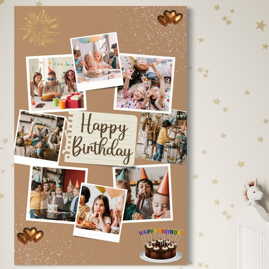 A LuxCanva® Tablou Canvas Personalizat cu 8 Poze Pentru Aniversari "Happy Birthday" PS130, cu fotografii de la petrecerea copiilor, inimi și steluțe aurii, un motiv de tort aniversar și afișat pe un perete cu model de stele.