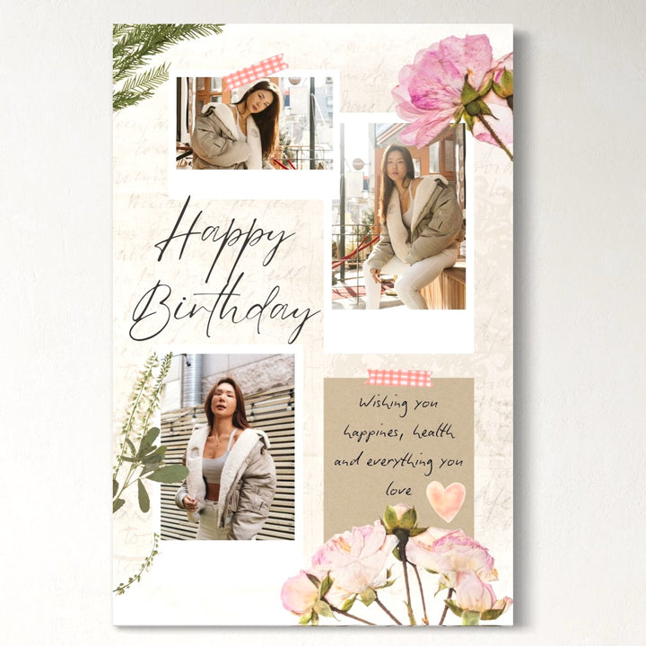 Un LuxCanva® "Tablou Canvas Personalizat cu 3 Poze Pentru Aniversari 'Happy Birthday', PS132" are trei fotografii în aer liber ale unei femei, flori roz, frunze verzi și text scris de mână: La mulți ani și cele mai bune urări.
