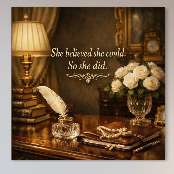 Tablou Canvas Premium Q1045 de la LuxCanva®, "Incredere Absoluta", prezintă detalii de birou vintage cu perle, cărți și trandafiri albi. Ideală pentru afaceri sau decorarea dormitorului, este o imprimare premium pentru cei care caută putere și ambianță în orice spațiu.