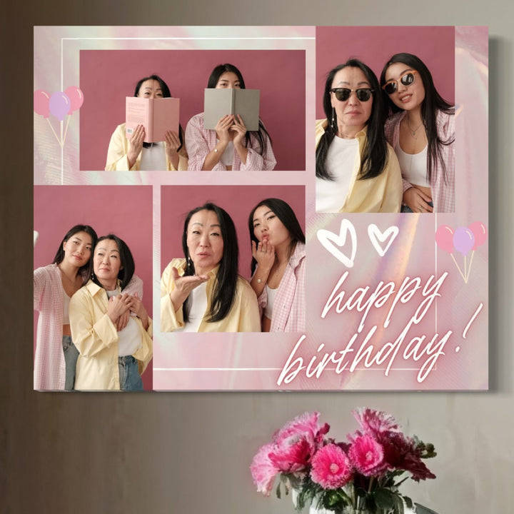 Sărbătorește cu Tablou Canvas Personalizat cu 4 Poze Pentru Aniversări "La Mulți Ani" (PS136) de la LuxCanva®: un colaj canvas vibrant și personalizabil pentru zile de naștere, cu fotografiile tale, baloane festive, mâzgălituri cu inimioare și decor roz vesel.