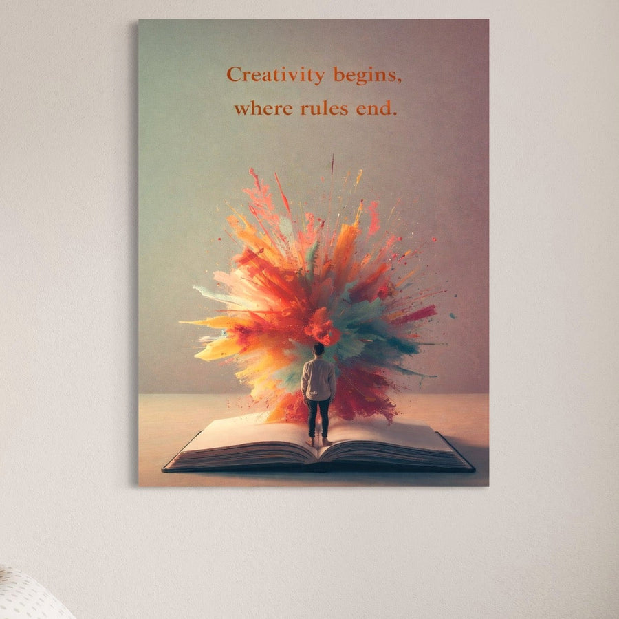 Tablou Canvas Premium LuxCanva® Q1047 "Imaginatie Fara Limite": copil pe o carte deschisă, explozie de culori și textul "Creativitatea începe unde se termină regulile"-perfect pentru birou sau dormitor. Disponibil la LuxCanva®.