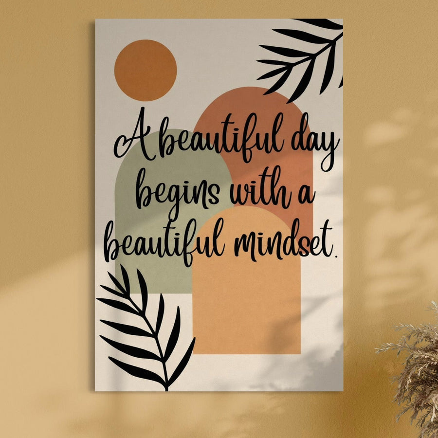 Tablou Canvas Premium LuxCanva® Q1049, cu formă abstracte și desene vegetale, mesaj motivațional "A beautiful day begins with a beautiful mindset" pe fundal galben pal. Ideal pentru birou sau dormitor. Brand: LuxCanva®.