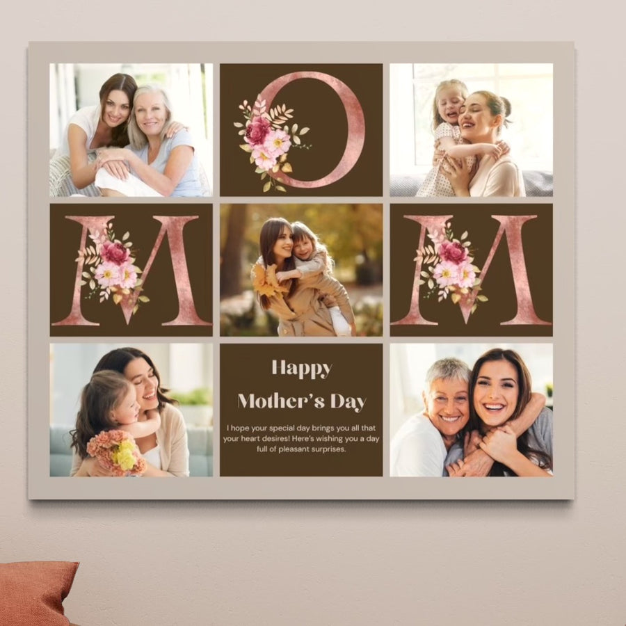 Un colaj de pânză personalizat de LuxCanva®-Tablou Canvas Personalizat cu 5 Poze Pentru Mama "Happy Mother's Day", PS151-prezintă litere florale și fotografii de familie, un cadou perfect pentru mama de Ziua Mamei.