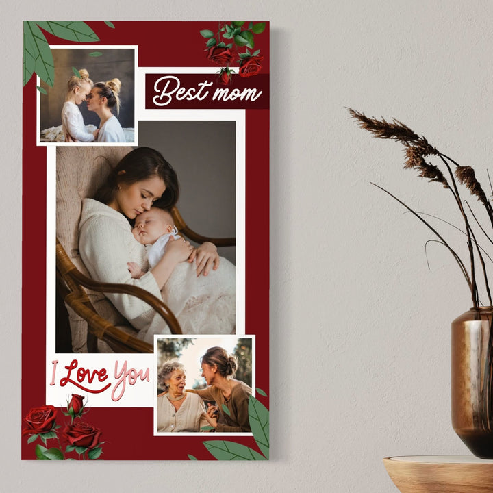 Tablou Canvas LuxCanva® Personalizat cu 3 Poze Pentru Mama "Best Mom", PS153, afișează trei imagini cu mame și copii, mesajele "Best mom" și "I Love You", pe fundul roșu cu trandafiri-cadoul perfect pentru mama.