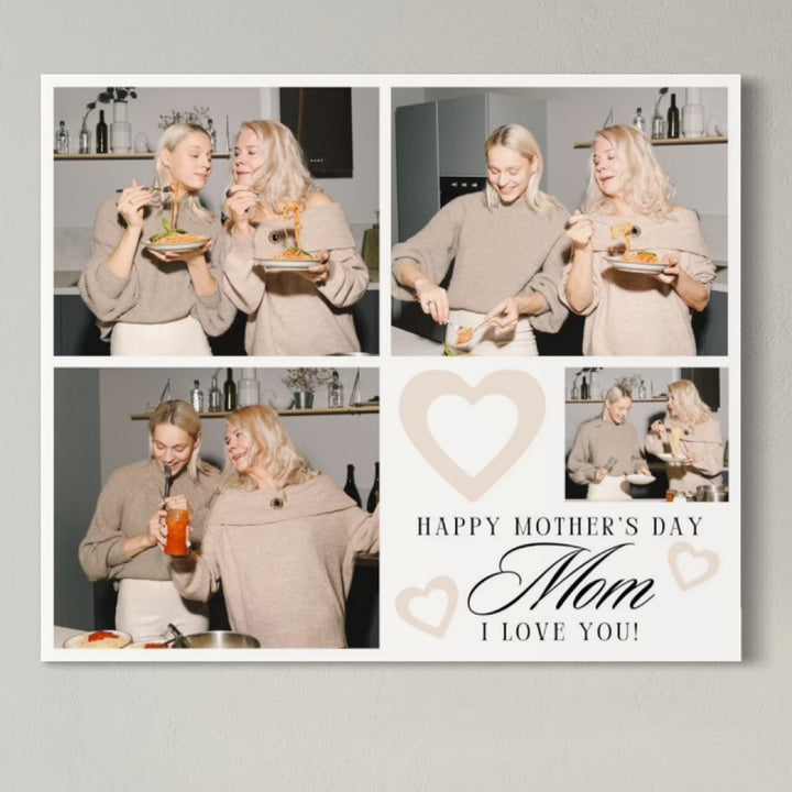 Colaj cu două femei care gătesc și mănâncă, zâmbind împreună. Text: Happy Mother's Day Mom I love you! with heart graphics-a perfect LuxCanva® Tablou Canvas Personalizat cu 4 Poze Pentru Mama "Happy Mother's Day", PS155, cadou pentru mama.