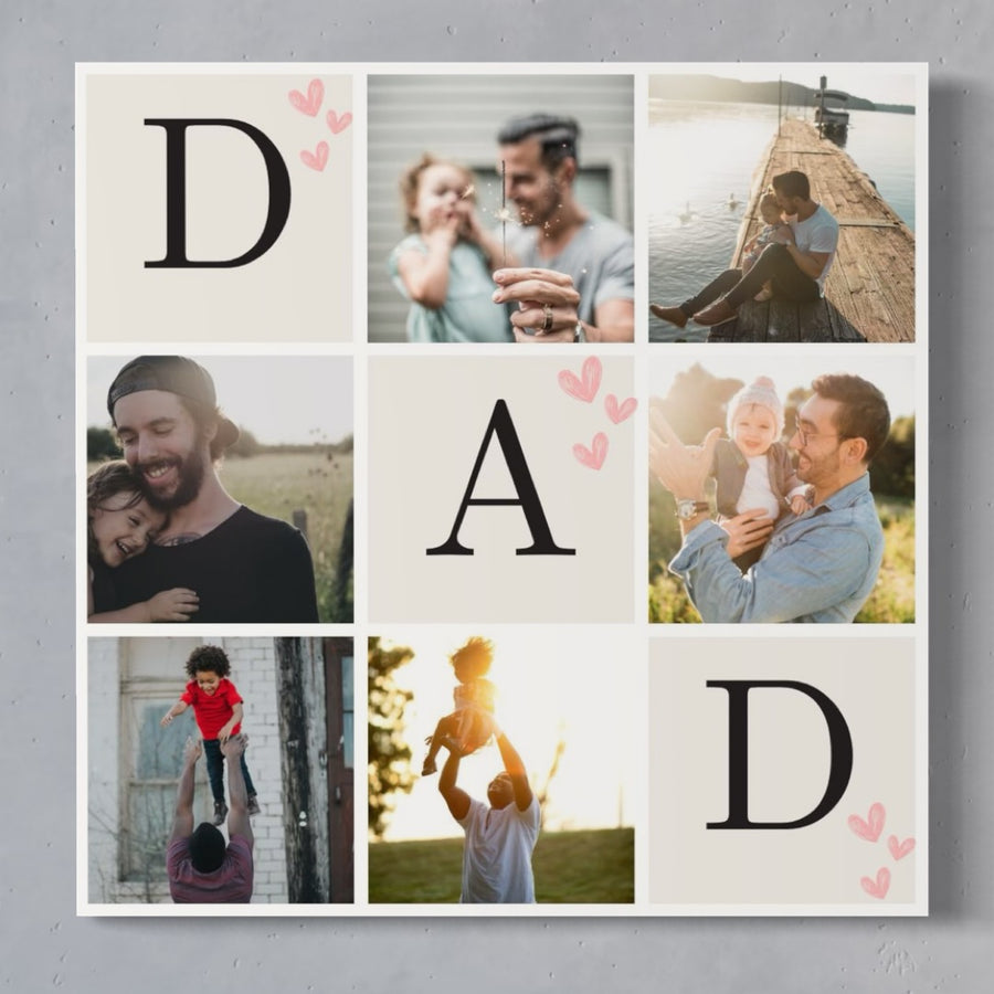 Tablou Canvas Personalizat cu 6 Poze Pentru Tata "Dad" PS163 de la LuxCanva®: colaj cu poze vesele între tată și copii, decorat cu inimioare roz-cadoul ideal și memorabil pentru tata!.