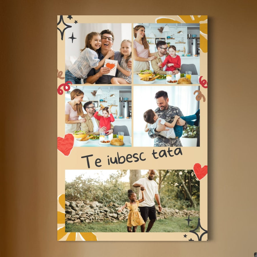 Un colaj cu 5 poze pe tablou canvas personalizat LuxCanva® "Te Iubesc Tata" PS165, perfect ca dar aniversar pentru tata. Poți adăuga poze jucându-vă, gătiți sau citiți împreună. Mesaj central decorat cu inimioare.