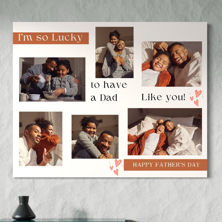 Tablou Canvas Personalizat cu 6 Poze Pentru Tata "Happy Father's Day" de la LuxCanva®: colaj cu imagini tată-fiică gătind, îmbrățișându-se, relaxându-se și textul "I'm so lucky to have a Dad like you! Happy Father's Day", decorat cu inimioare roșii.