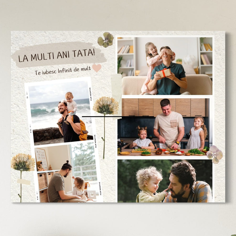 Tablou Canvas Personalizat cu 5 Poze Pentru Tata "La Multi Ani Tata", de la LuxCanva® - un cadou aniversar perfect, cu colaj foto și text special: "La mulți ani tata! Te iubesc infinit de mult.