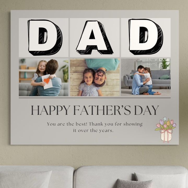 Surprinde-l pe tata cu tabloul canvas personalizat LuxCanva® "Happy Father's Day", PS173: 3 poze, mesaj special și design elegant pentru cel mai bun tată!.