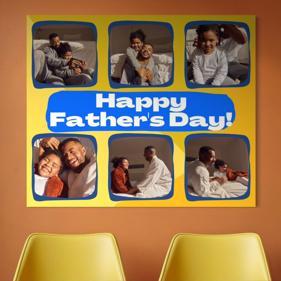 LuxCanva® Tablou Canvas Personalizat cu 6 poze pentru tata, model "Happy Father's Day" (PS179): un colaj vibrant ce surprinde momentul special. Ideal ca tablou personalizat sau cadou aniversar. Două scaune galbene stau în fața tabloului.