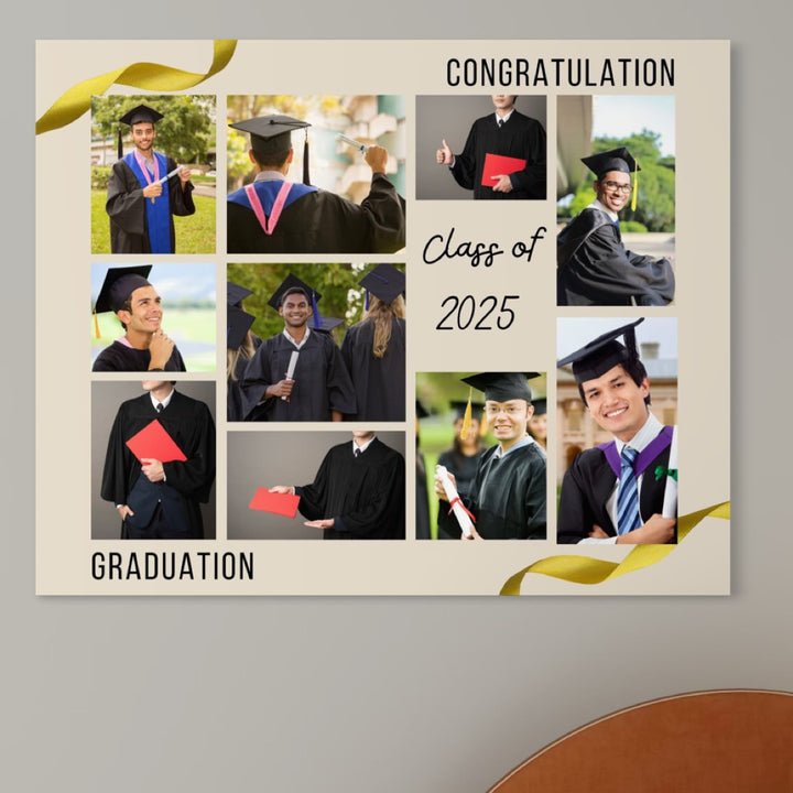 Colaj cu 10 poze de absolvire pe tablou canvas personalizat LuxCanva® "Graduation" PS186, cu elevi în robe și diplome. Text: CONGRATULATION, GRADUATION, Class of 2025 și panglici aurii-ideal ca tablou personalizat pentru familie.