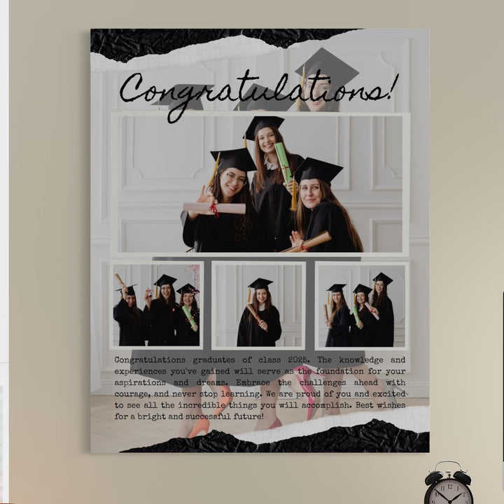 Sărbătoriți absolvirea cu Tablou Canvas Personalizat cu 4 Poze Pentru Absolvire "Felicitări" (PS188) de la LuxCanva® - un poster personalizat cu patru fotografii ale absolvenților, un titlu "Felicitări!" și un mesaj inspirat pentru viitorul lor luminos.