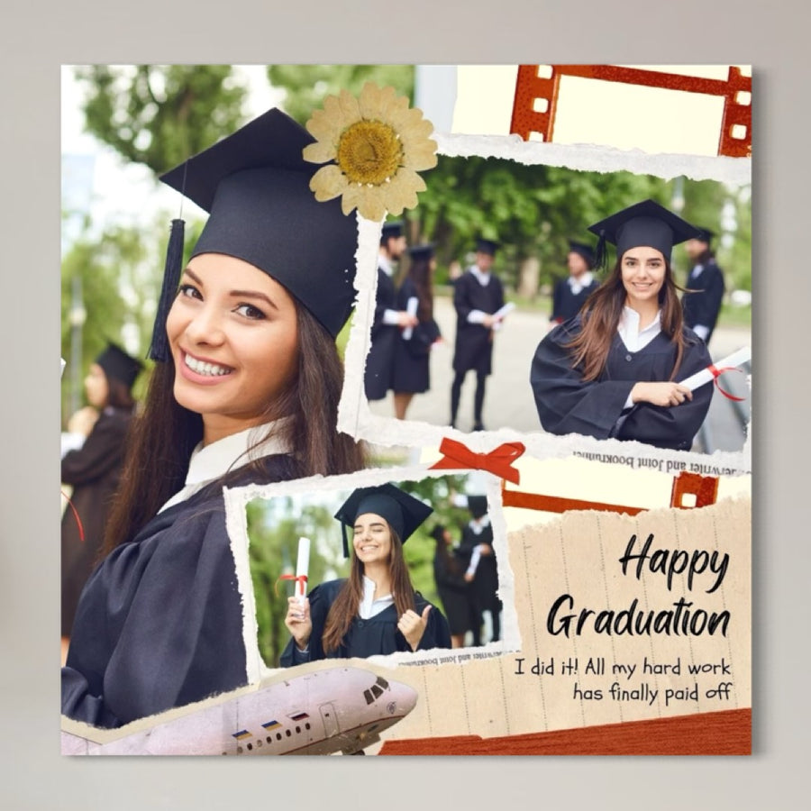 LuxCanva® Tablou Canvas Personalizat cu 3 Poze Pentru Absolvire "Happy Graduation", PS199, surprinde absolventa fericită în robă și tocă, cu diploma, alături de colegi. Text: Absolvire fericită. I did it! Toată munca mea grea a dat în sfârșit roade.