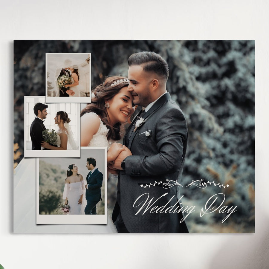 Creați o amintire specială cu Tablou Canvas LuxCanva® Personalizat cu 4 Poze Pentru Nunta "Wedding Day", PS202 - cu momentele dvs. preferate de nuntă și textul "Wedding Day". Perfect ca colaj foto familie sau tablou personalizat cu poza.