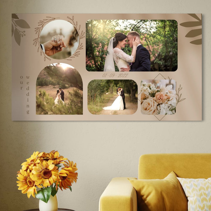 Tablou Canvas Personalizat cu 5 Poze Pentru Nunta "Our Wedding", PS208 de la LuxCanva® afișează colaj de nuntă, text "our wedding" și data 01-09-2022, ideal pentru tablouri personalizate familie sau un tablou cu poza.