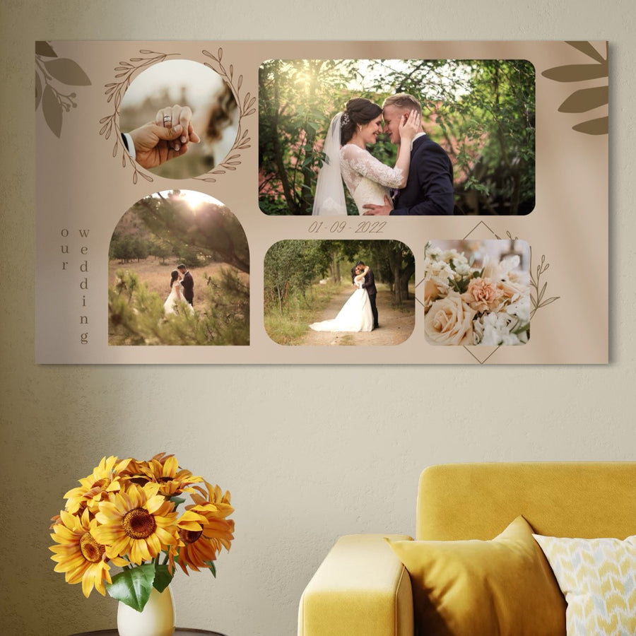 Tablou Canvas Personalizat cu 5 Poze Pentru Nunta "Our Wedding", PS208 de la LuxCanva® afișează colaj de nuntă, text "our wedding" și data 01-09-2022, ideal pentru tablouri personalizate familie sau un tablou cu poza.