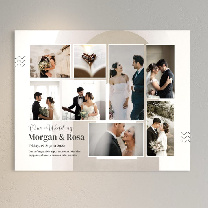 Creați o pânză uimitoare Tablou Personalizat cu 8 Poze Pentru Nunta "Nunta noastră" de LuxCanva® (PS210), cu amintirile dvs. de nuntă preferate. Text: Nunta noastră Morgan & Rosa, vineri, 19 august 2022.