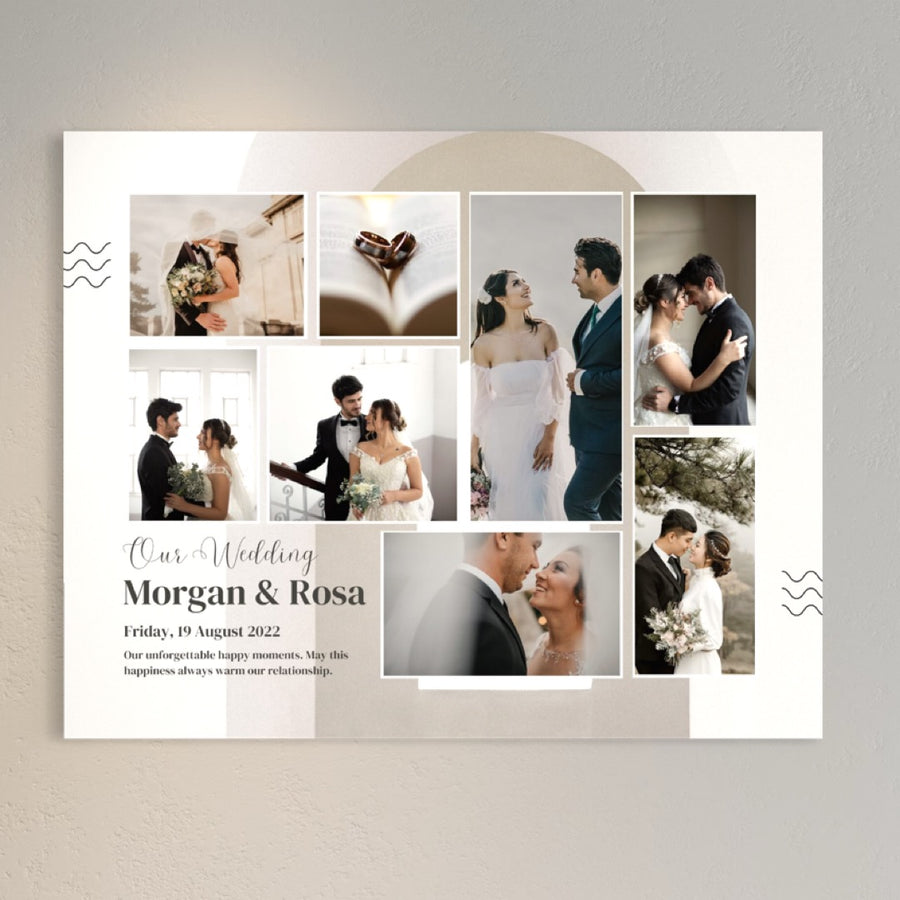 Creați o pânză uimitoare Tablou Personalizat cu 8 Poze Pentru Nunta "Nunta noastră" de LuxCanva® (PS210), cu amintirile dvs. de nuntă preferate. Text: Nunta noastră Morgan & Rosa, vineri, 19 august 2022.