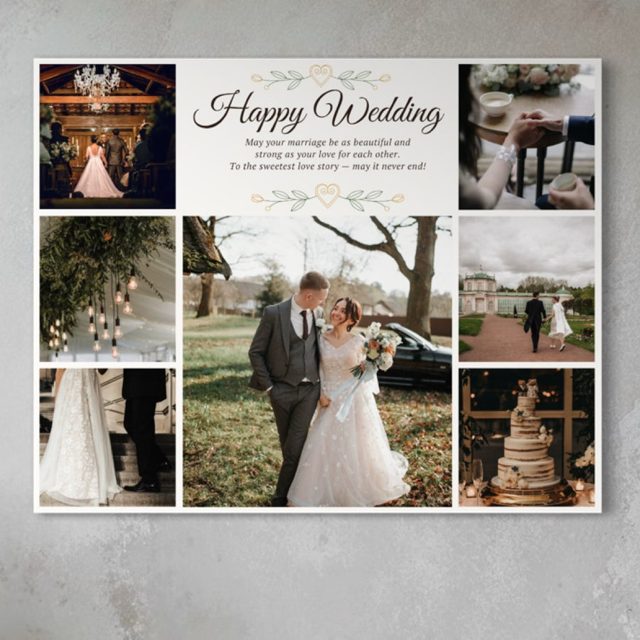 Creați un colaj de nuntă unic cu LuxCanva® Tablou Canvas Personalizat cu 7 Poze Pentru Nunta "Happy Wedding", PS212-ideal ca un tablou personalizat sau colaj foto familie pentru a sărbători dragostea și momentele memorabile.