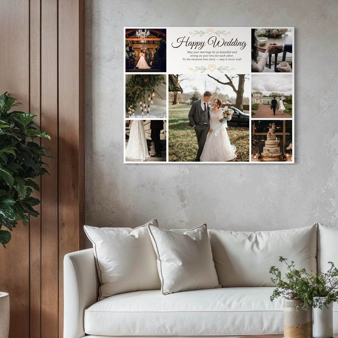 Personalisierte Leinwandtafel mit 7 Hochzeitsbildern "Happy Wedding", PS212