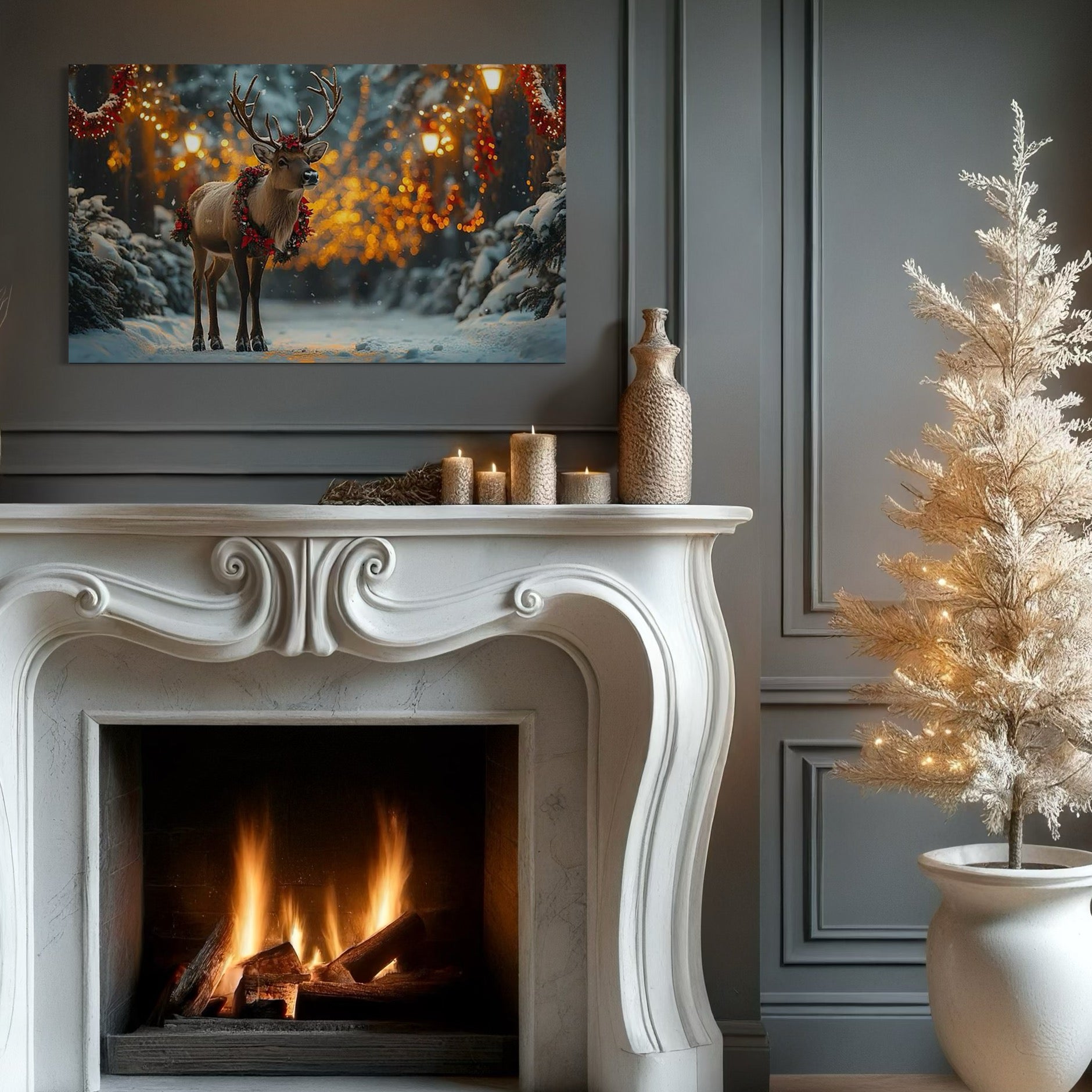 Tablou Canvas Premium, LuxCanva® D1095, Calatorul Craciunului, Iarna, Craciun, Ren, Lumini, Padure, Natura, Sarbatori, Liniste, Ninsoare, Basm, Poveste, Bucurie, Magie, Festiv, Living, Dormitor