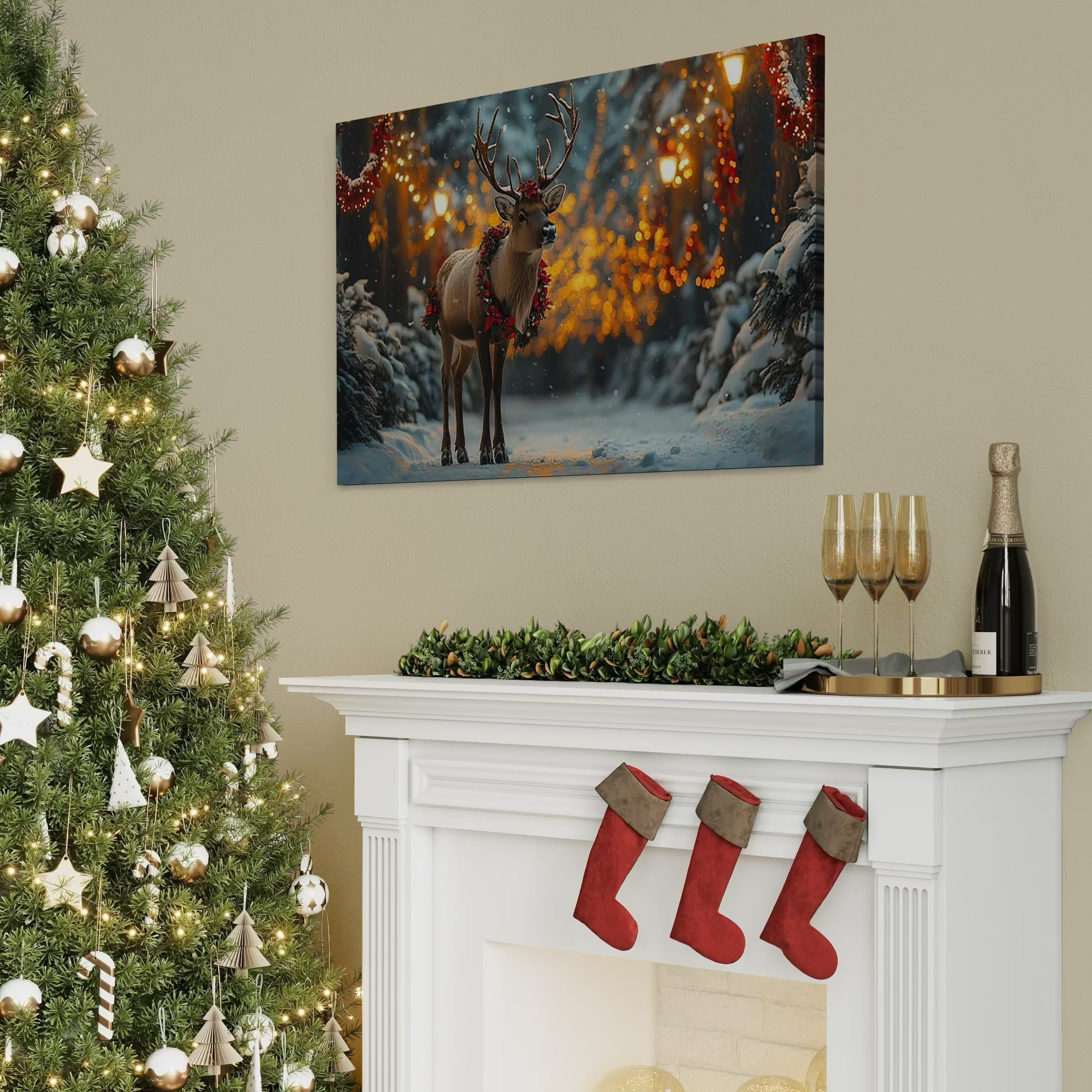 Tablou Canvas Premium, LuxCanva® D1095, Calatorul Craciunului, Iarna, Craciun, Ren, Lumini, Padure, Natura, Sarbatori, Liniste, Ninsoare, Basm, Poveste, Bucurie, Magie, Festiv, Living, Dormitor