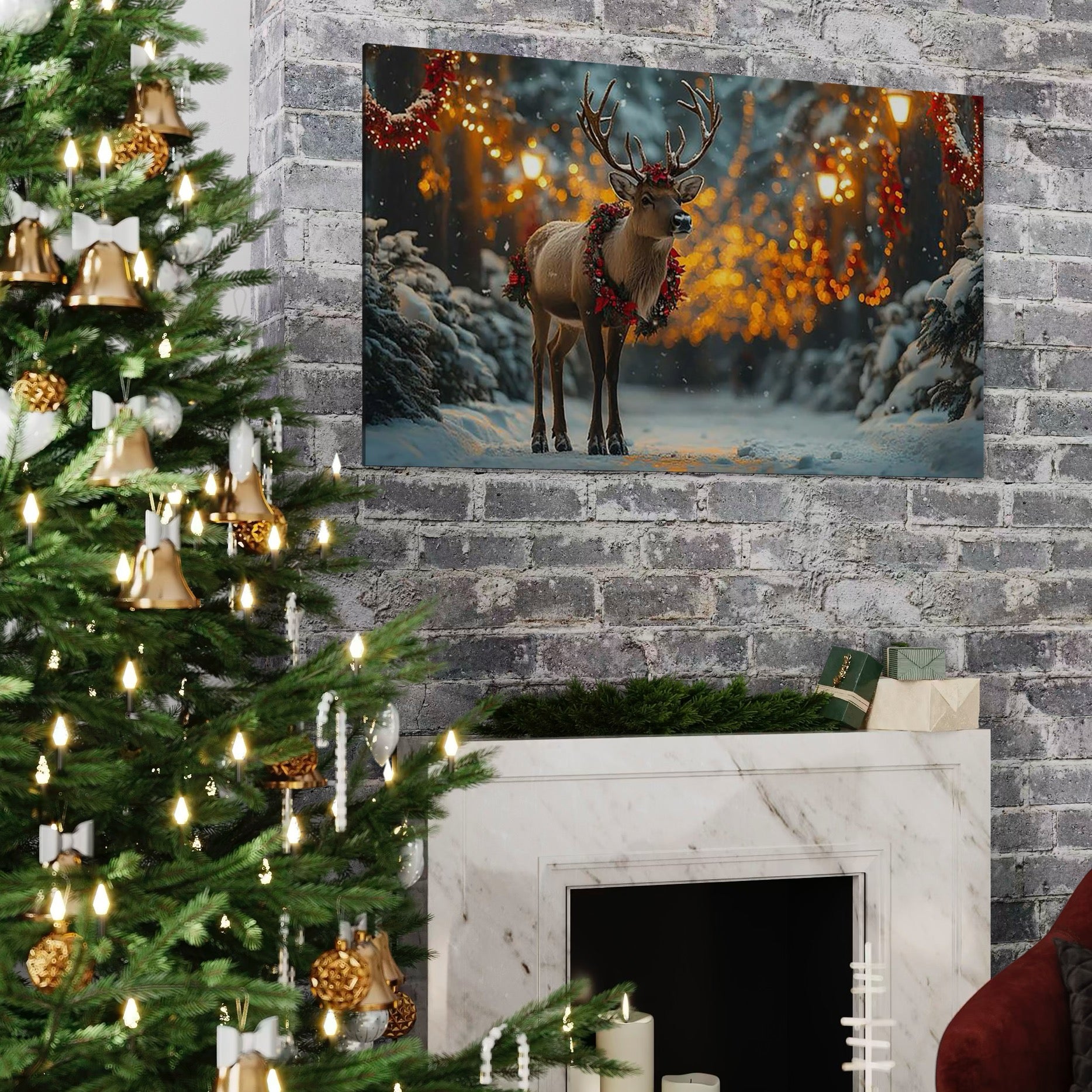 Tablou Canvas Premium, LuxCanva® D1095, Calatorul Craciunului, Iarna, Craciun, Ren, Lumini, Padure, Natura, Sarbatori, Liniste, Ninsoare, Basm, Poveste, Bucurie, Magie, Festiv, Living, Dormitor