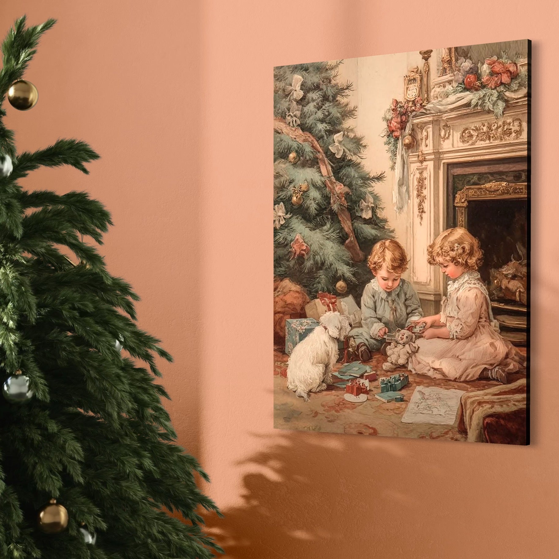 Tablou Canvas Premium, LuxCanva® D1096, Darurile copilariei,  Brad, Impodobit, Copii, Cadouri, Ajun, Inocenta, Copilarie, Fericire, Craciun, Mos, Jucarii, Iubire, Sarbatoare, Magie, Living, Dormitor