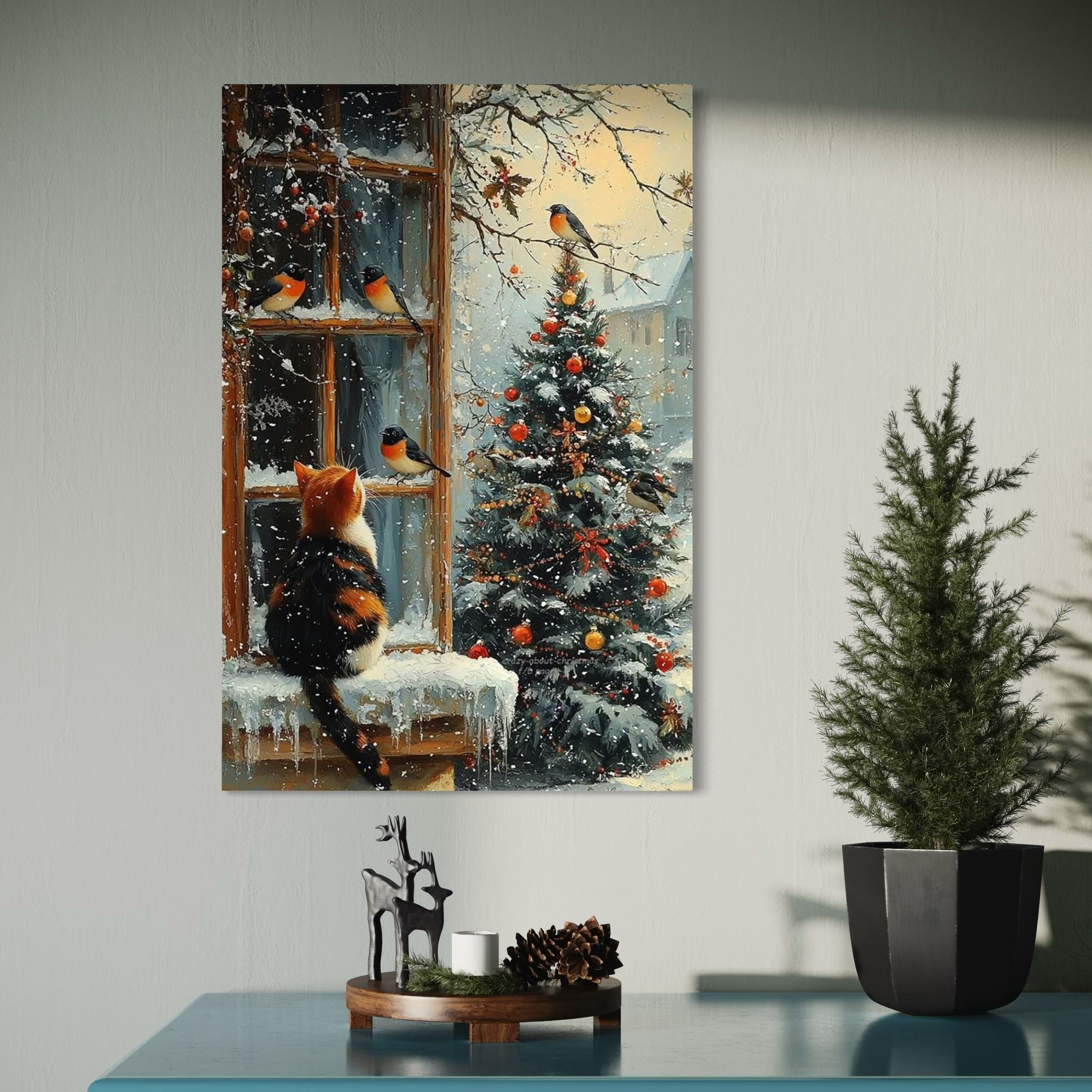 Tablou Canvas Premium, LuxCanva® D1097, Curiozitate printre fulgi, Pisica, Pasari, Natura, Privire, Contemplare, Visare, Fereastra, Craciun, Sarbatori, Magic, Fulgi, Zapada, Cartier, Living, Dormitor