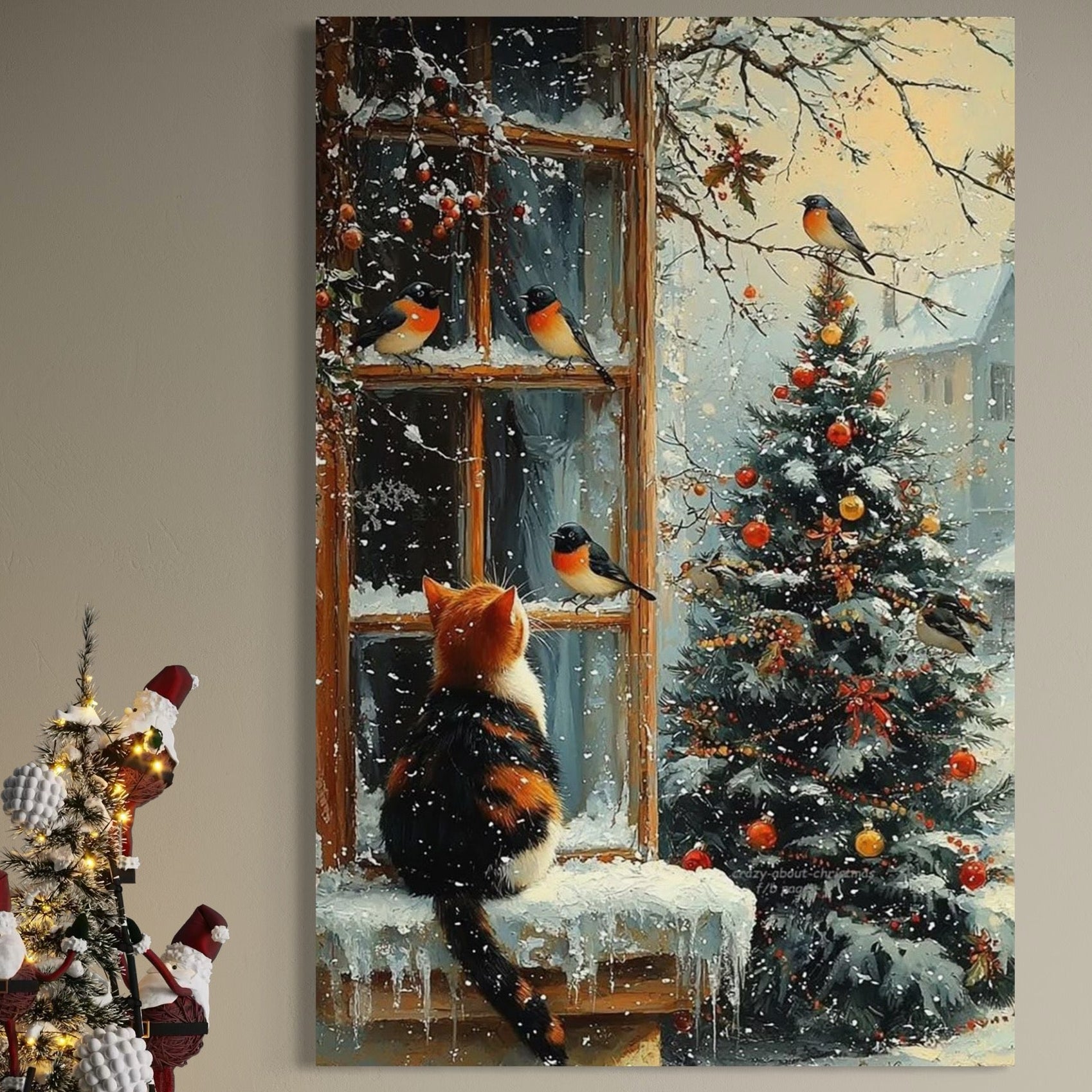 Tablou Canvas Premium, LuxCanva® D1097, Curiozitate printre fulgi, Pisica, Pasari, Natura, Privire, Contemplare, Visare, Fereastra, Craciun, Sarbatori, Magic, Fulgi, Zapada, Cartier, Living, Dormitor