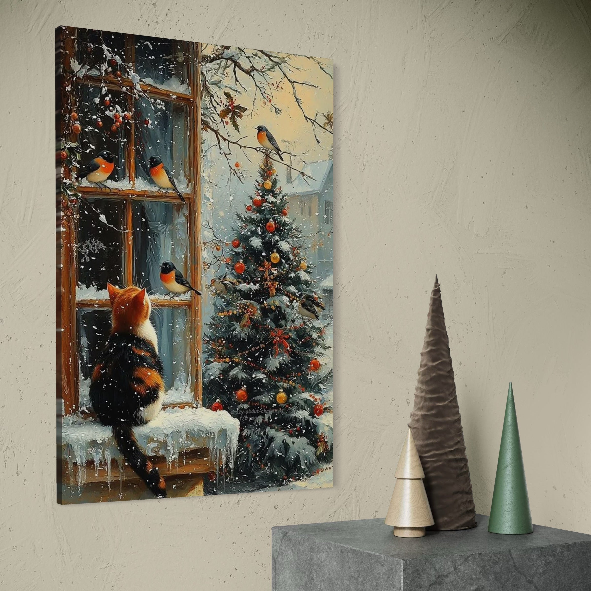Tablou Canvas Premium, LuxCanva® D1097, Curiozitate printre fulgi, Pisica, Pasari, Natura, Privire, Contemplare, Visare, Fereastra, Craciun, Sarbatori, Magic, Fulgi, Zapada, Cartier, Living, Dormitor