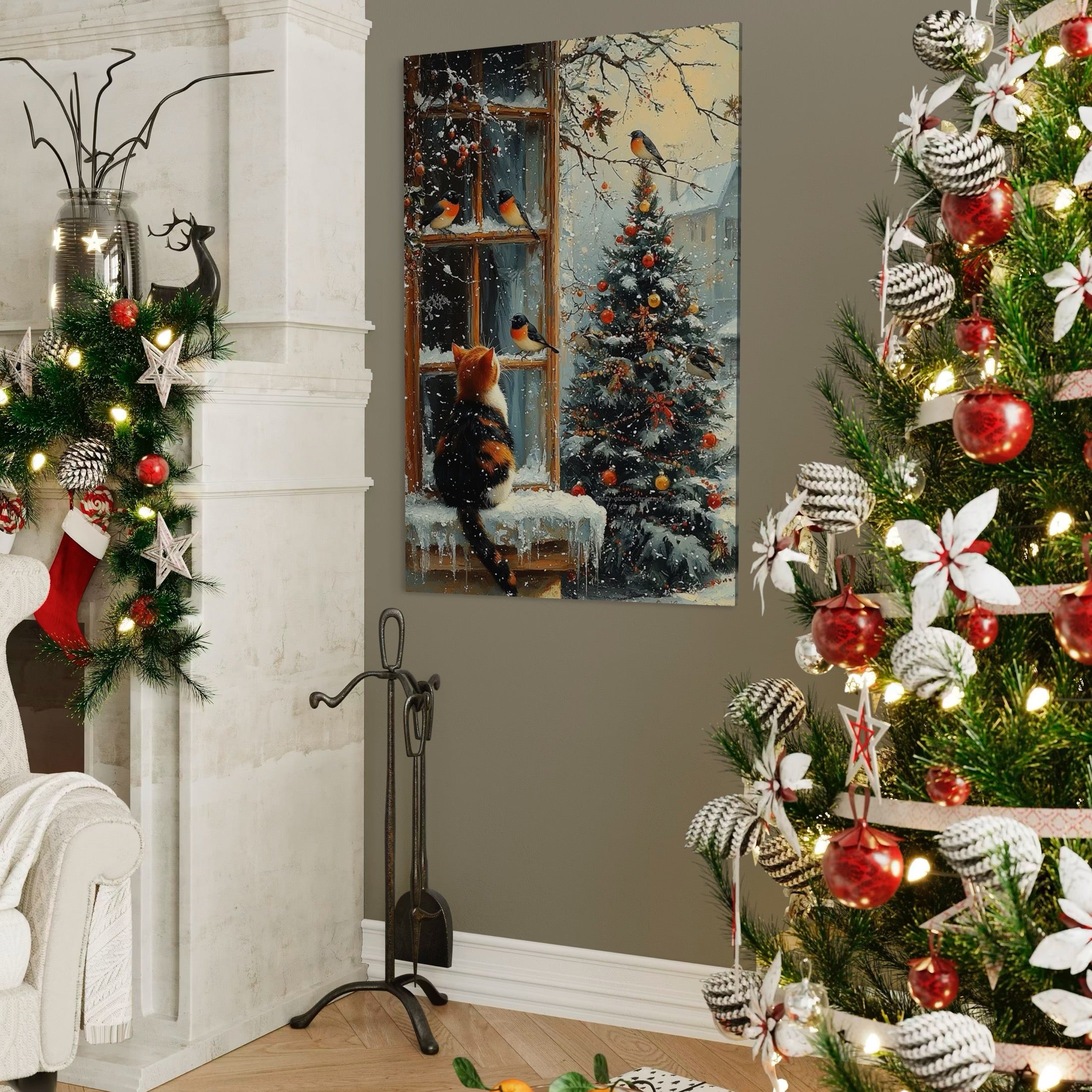 Tablou Canvas Premium, LuxCanva® D1097, Curiozitate printre fulgi, Pisica, Pasari, Natura, Privire, Contemplare, Visare, Fereastra, Craciun, Sarbatori, Magic, Fulgi, Zapada, Cartier, Living, Dormitor