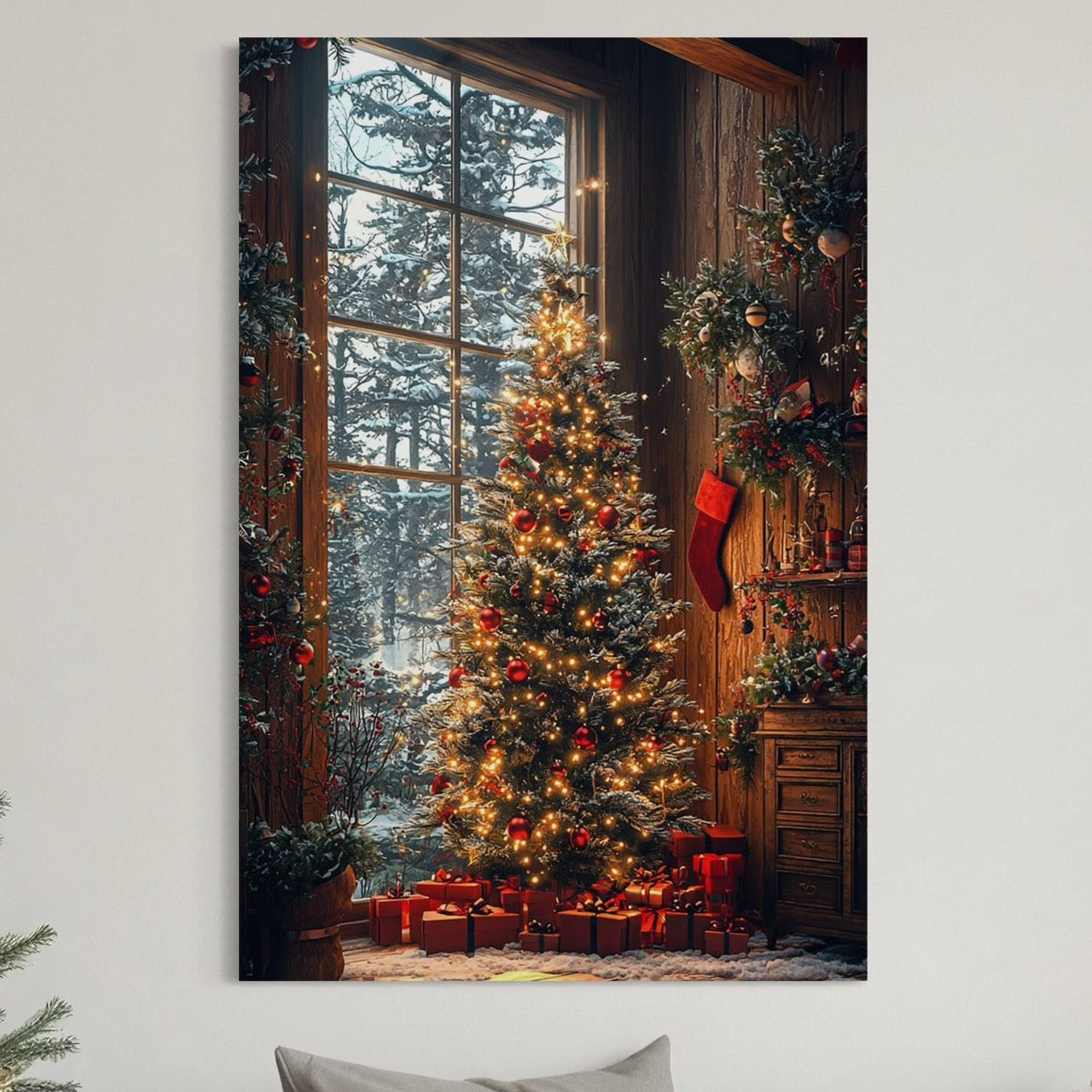 Tablou Canvas Premium, LuxCanva® D1098, Sub Bradul cu Poveste, Magie, Craciun, Acasa, Brad, Luminite, Podoabe, Rosu, Caldura, Familie, Traditie, Pace, Cadouri, Fericire, Globuri, Living, Dormitor