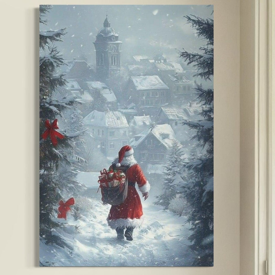 Tablou Canvas Premium LuxCanva® D1099, "Calatoria din Ajun," prezintă un tablou cu Moș Crăciun în costum roșu, sac cu daruri pe o cărare ninsoasă spre sat, ideal pentru living sau dormitor, calitate premium pe pânză canvas.