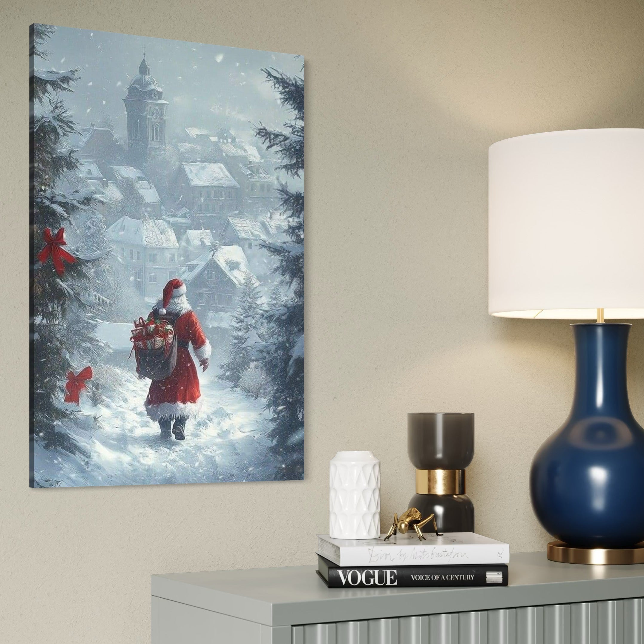 Tablou Canvas Premium, LuxCanva® D1099, Calatoria din Ajun, Mos Craciun, Sac, Daruri, Jucarii, Costum, Rosu, Barba, Alba, Carari, Case, Zare, Sat, Ninsoare, Bucurie, Magie, Copii, Living, Dormitor