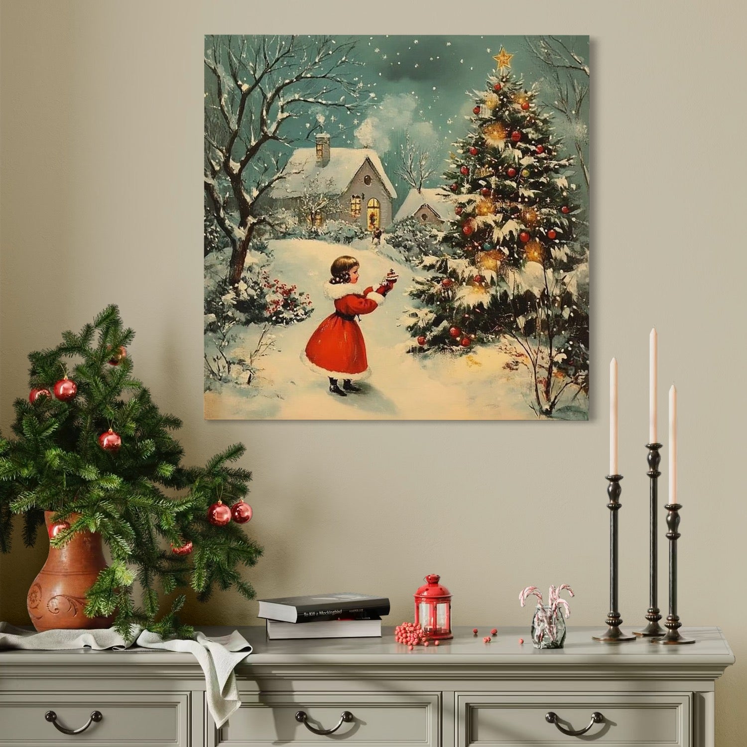 Tablou Canvas Premium, LuxCanva® D1100, Sub Steaua Craciunului, Speranta, Stele, Familie, Fetita, Impodobire, Ajun, Craciun, Miracol, Asteptare, Vis, Copilarie, Amintiri, Living, Dormitor