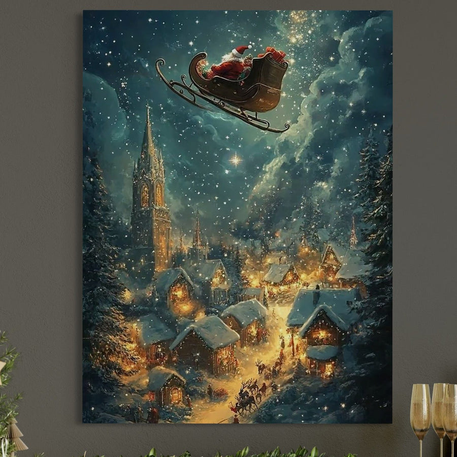 LuxCanva® Tablou Canvas Premium D1101, "Zborul din Ajunul Craciunului", surprinde sania lui Mos Craciun zburand peste un oras luminat si înzăpezit, aducând vis si speranță în living sau dormitor.