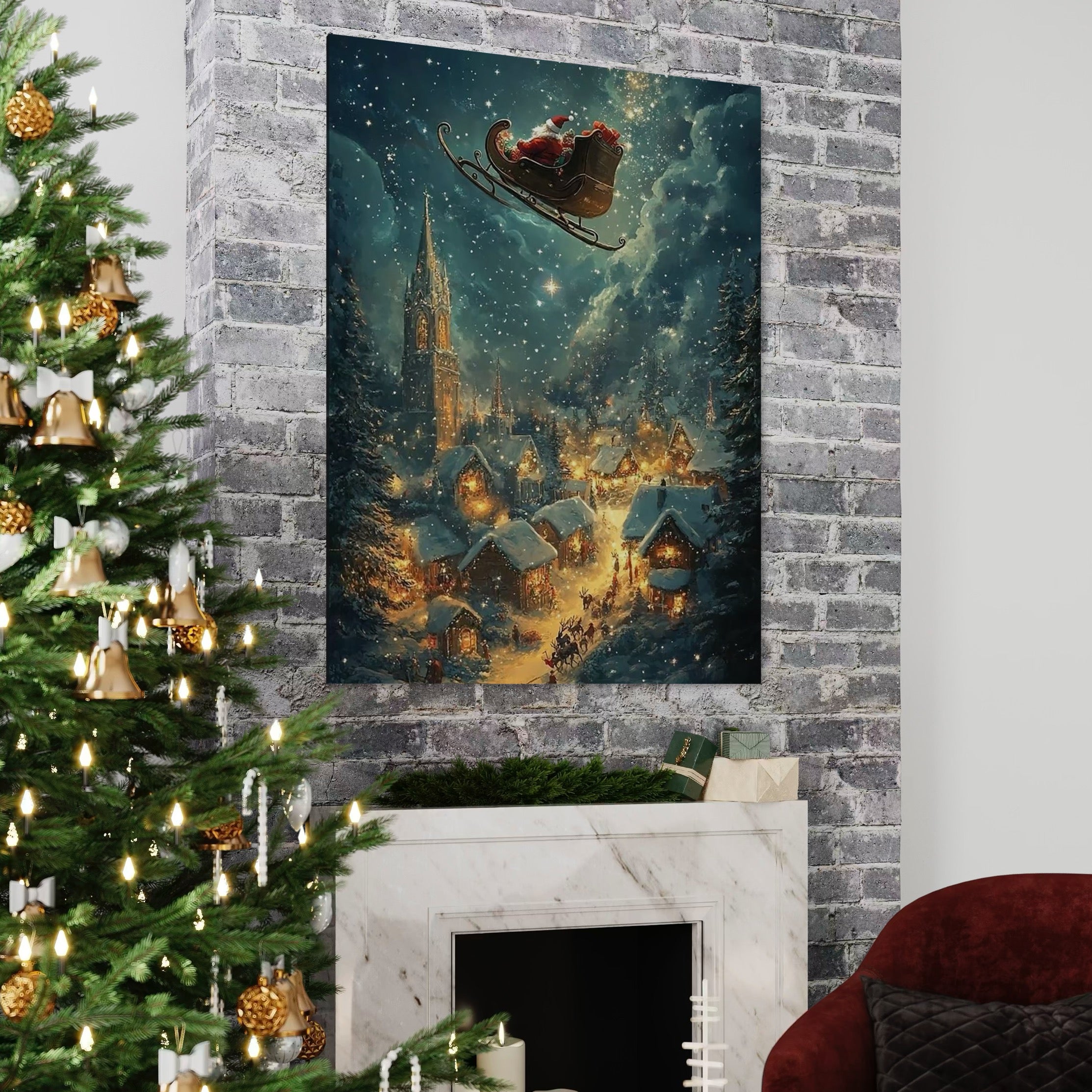 Tablou Canvas Premium, LuxCanva® D1101, Zborul din Ajunul Craciunului, Vis, Speranta, Cer, Instelat, Sanie, Reni, Desaga, Cadouri, Jucarii, Oras, Calatorie, Somn, Dimineata, Ajun, Living, Dormitor