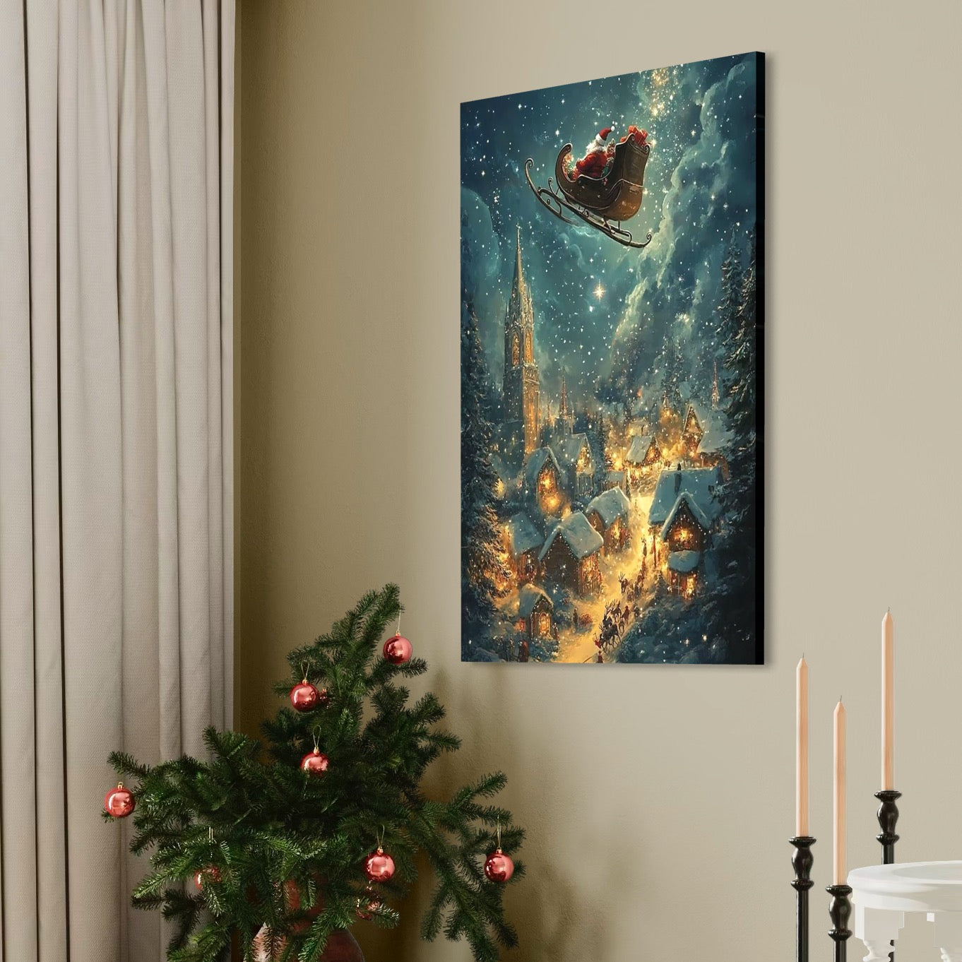 Tablou Canvas Premium, LuxCanva® D1101, Zborul din Ajunul Craciunului, Vis, Speranta, Cer, Instelat, Sanie, Reni, Desaga, Cadouri, Jucarii, Oras, Calatorie, Somn, Dimineata, Ajun, Living, Dormitor