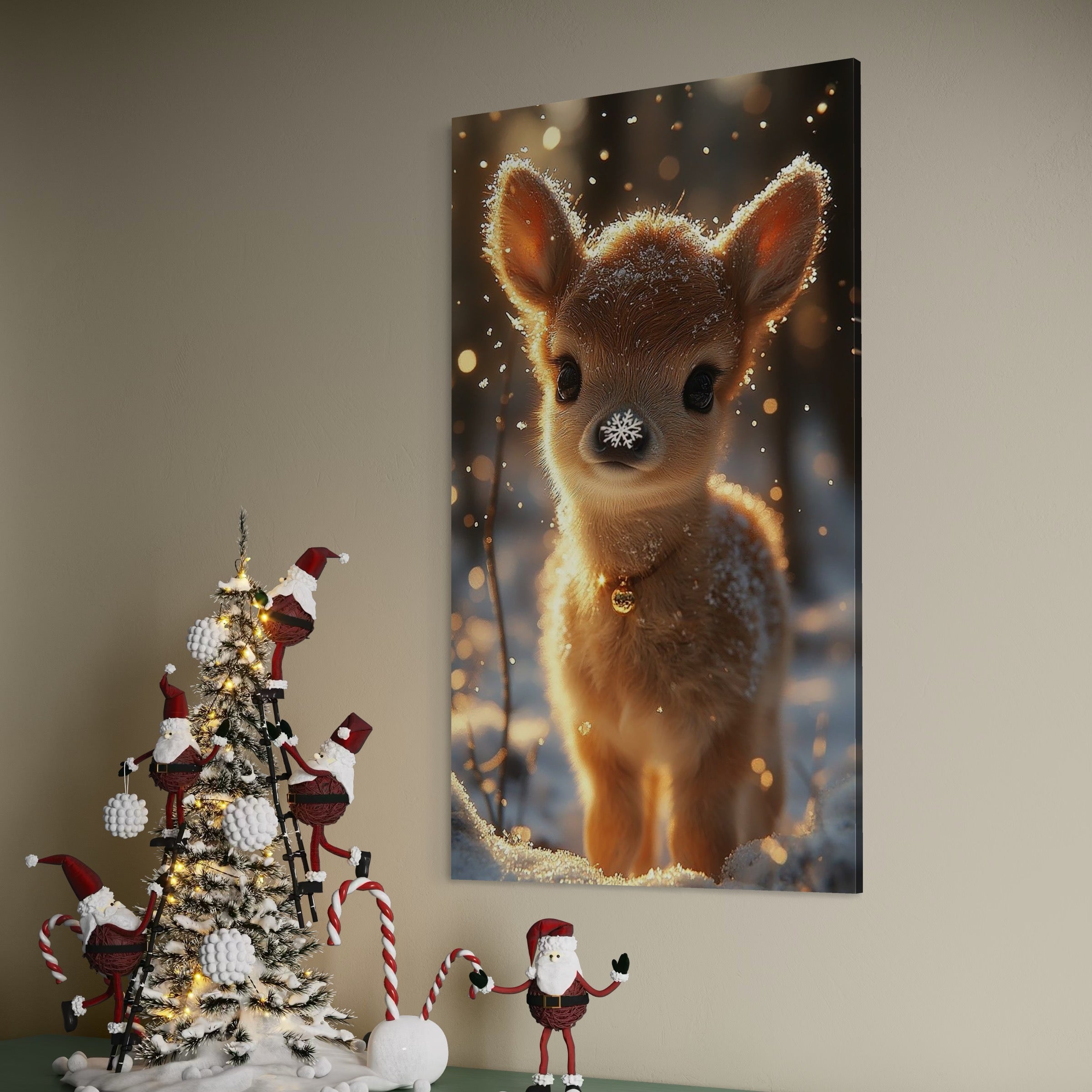 Tablou Canvas Premium, LuxCanva® D1102, Magia Inocentei unui Pui, Animal, Caprioara, Padure, Ninsoare, Privire, Blandete, Puritate, Lumina, Miracol, Plimbare, Zapada, Ajun, Living, Dormitor