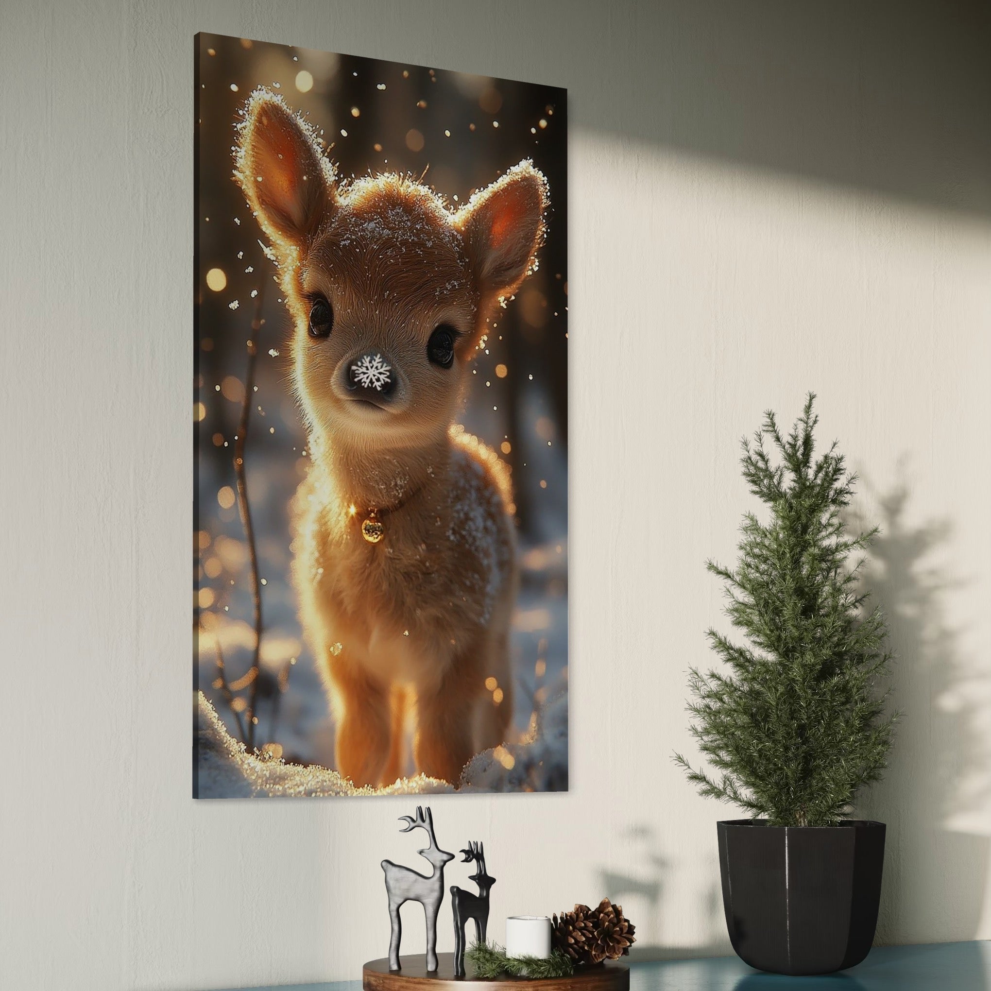 Tablou Canvas Premium, LuxCanva® D1102, Magia Inocentei unui Pui, Animal, Caprioara, Padure, Ninsoare, Privire, Blandete, Puritate, Lumina, Miracol, Plimbare, Zapada, Ajun, Living, Dormitor