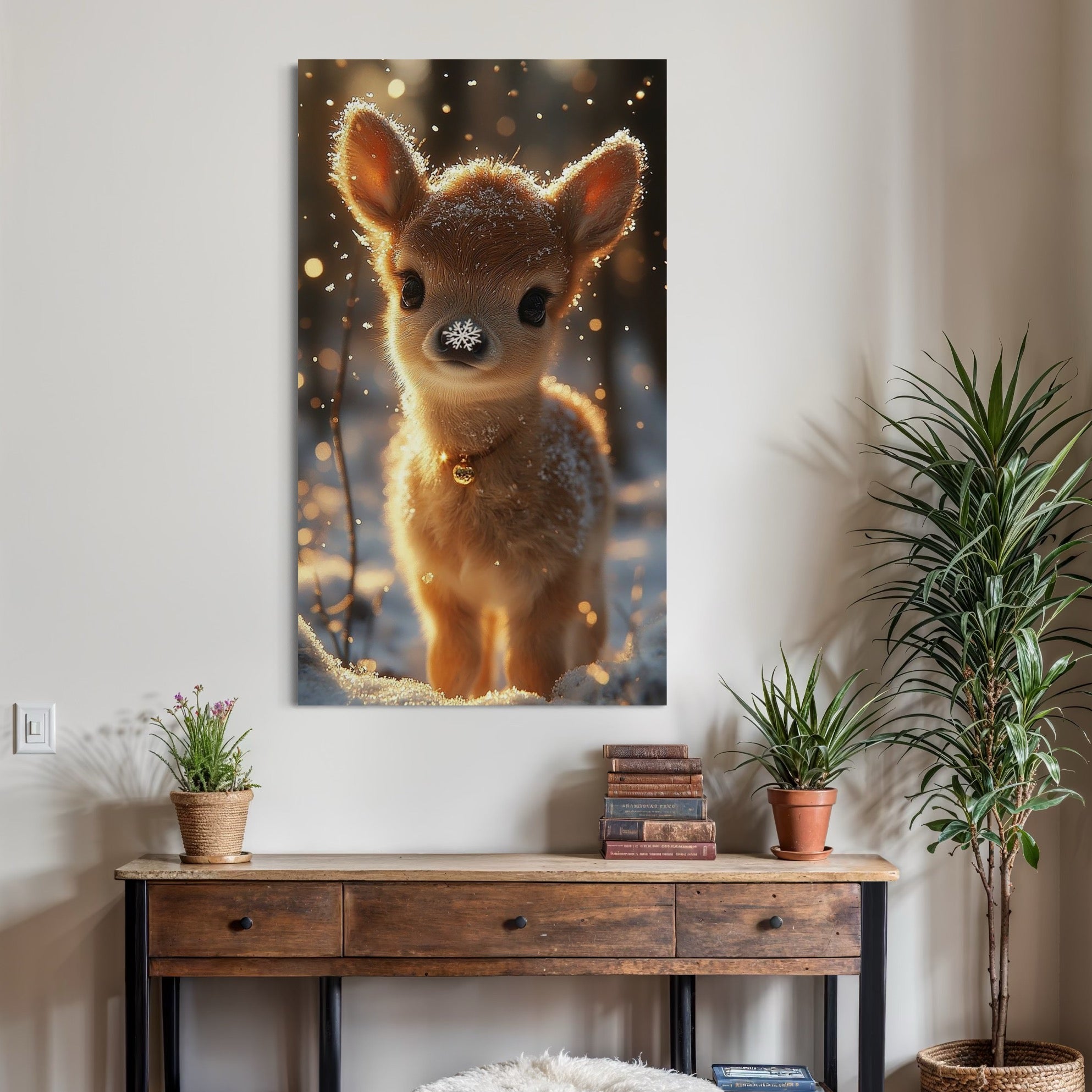 Tablou Canvas Premium, LuxCanva® D1102, Magia Inocentei unui Pui, Animal, Caprioara, Padure, Ninsoare, Privire, Blandete, Puritate, Lumina, Miracol, Plimbare, Zapada, Ajun, Living, Dormitor