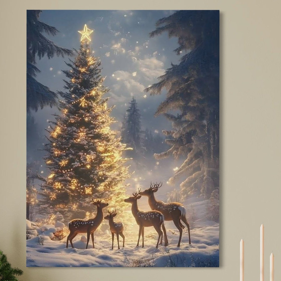 Tablou Canvas Premium, LuxCanva® D1103, Ingerii Padurii, Iarna, Noapte, Senina, Grup, Cerbi, Brad, Impodobit, Padure, Magic, Feerie, Cer, Instelat, Craciun, Farmec, Pace, Living, Dormitor