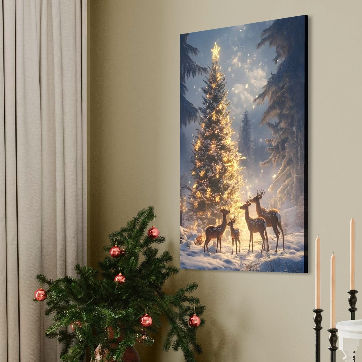 Tablou Canvas Premium, LuxCanva® D1103, Ingerii Padurii, Iarna, Noapte, Senina, Grup, Cerbi, Brad, Impodobit, Padure, Magic, Feerie, Cer, Instelat, Craciun, Farmec, Pace, Living, Dormitor