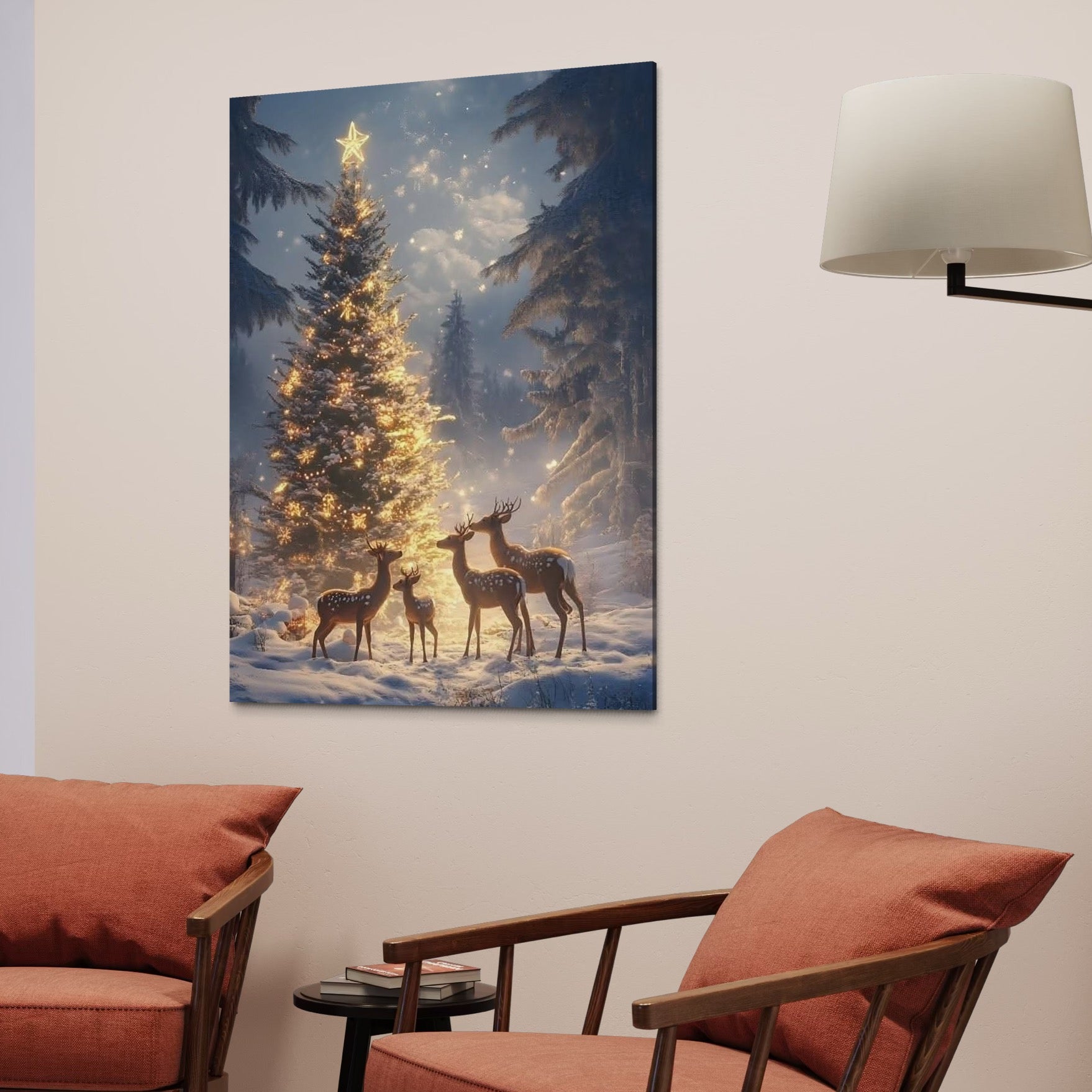 Tablou Canvas Premium, LuxCanva® D1103, Ingerii Padurii, Iarna, Noapte, Senina, Grup, Cerbi, Brad, Impodobit, Padure, Magic, Feerie, Cer, Instelat, Craciun, Farmec, Pace, Living, Dormitor