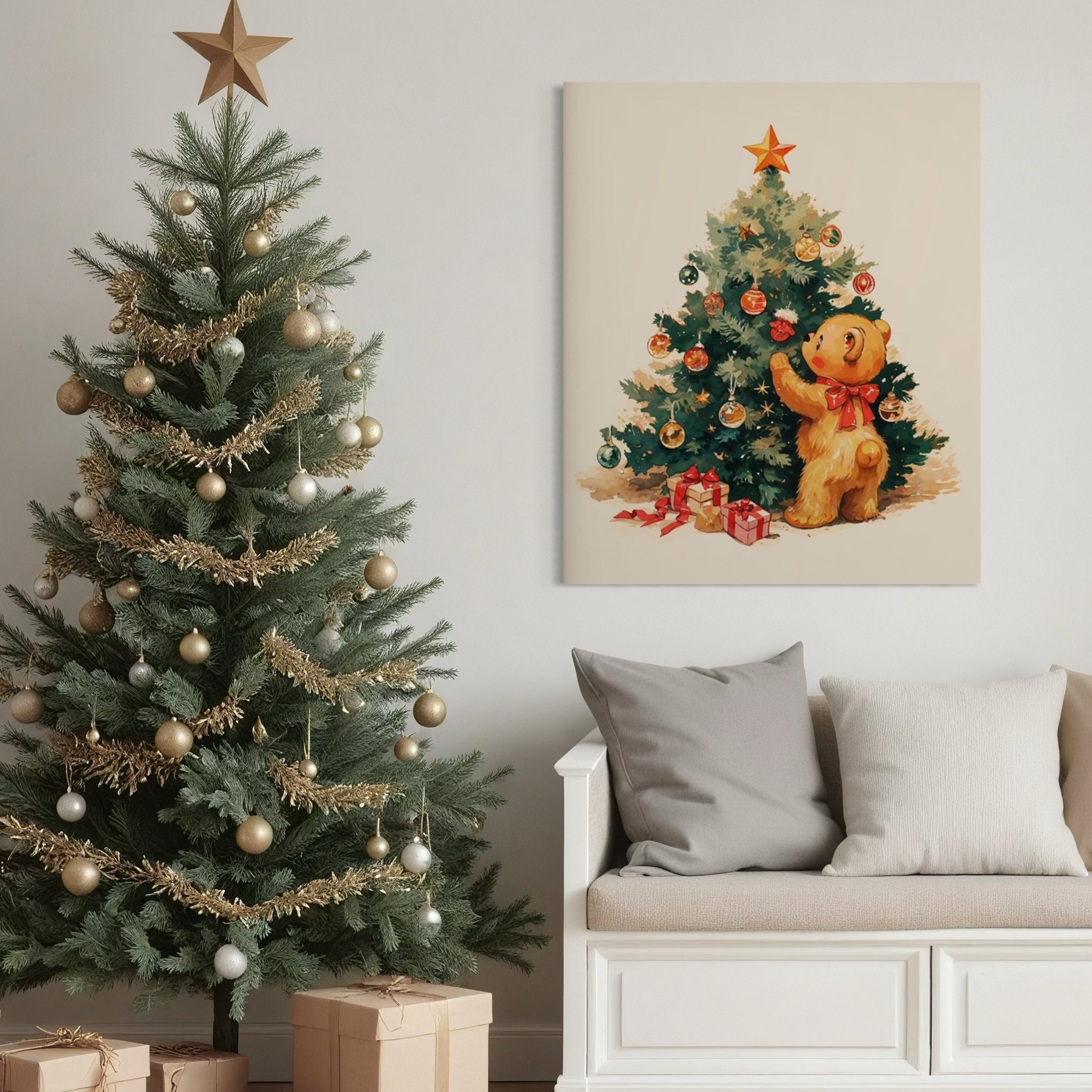 Tablou Canvas Premium, LuxCanva® D1104, Craciunul Ursuletului, Magie, Brad, Poveste, Noapte, Inocenta, Caldura, Poveste, Jucaus, Cadouri, Animalut, Fericire, Ajun, Craciun, Living, Dormitor